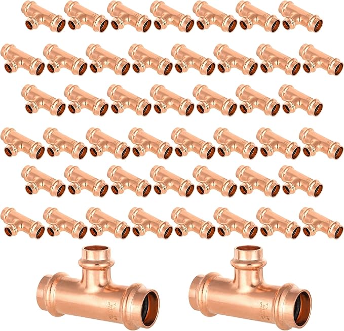 50-Pack GUOFIS Copper Press Tee,3/4" x 3/4"x 1/2" Tee Fittings for Copper Tube Connection with Stop(PRESS018-50Pack)