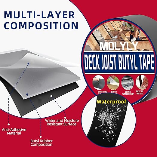 Butyl Deck Joist Tape, 1-5/8" x 50' Joist Tape for Decking, 12 Rolls Waterproof and Anti-Corrosion Butyl Sealant Deck Tape Joist, Ideal for Roofs, Beams, RV, Outdoor Construction Use