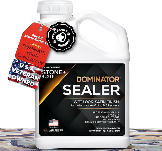 1 Gal. DOMINATOR Stone+ Gloss Clear Acrylic Sealer | Satin Finish Stone Sealer, Clay Brick Sealer | Color Enhancing | Professional Grade | Fast Dry | Indoor and Outdoor