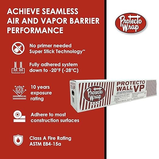 Protecto Wall VP – Self-Adhering, Self-Sealing, Drainable Vapor Permeable Water-Resistive Air Barrier | Primerless Peel & Stick House Wrap with Super Stick Adhesive Technology – 12" x 120' Case