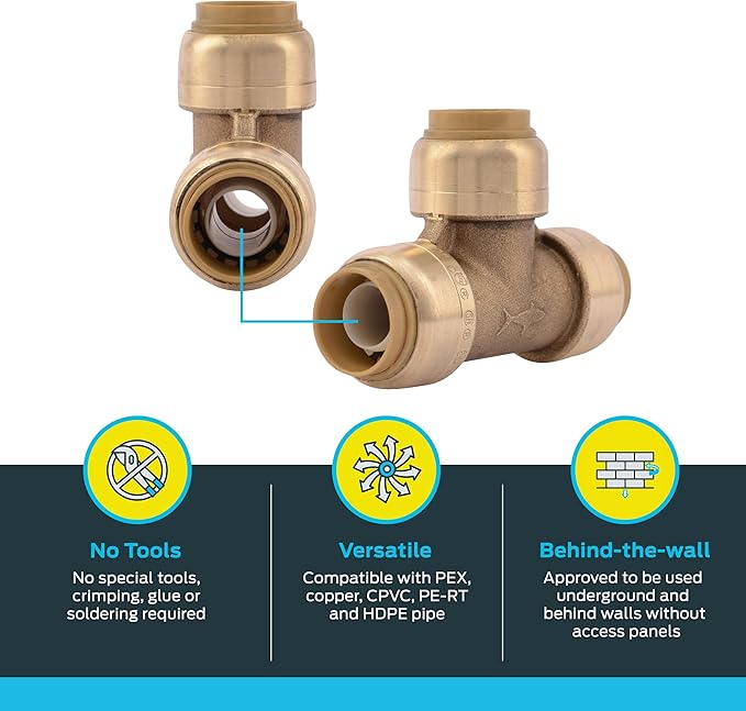 SharkBite 1/2 Inch Tee, Pack of 10, Push to Connect Brass Plumbing Fitting, PEX Pipe, Copper, CPVC, PE-RT, HDPE, U362LFCP