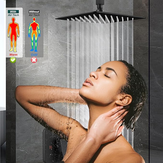 Heyalan Shower Faucet Set Square Stainless Steel Bathroom Rainfall Shower System One Handle Single Function Shower Trim Kit with Rough-in Valve Male Thread,Ceiling Mount,12 Inch,Matte Black