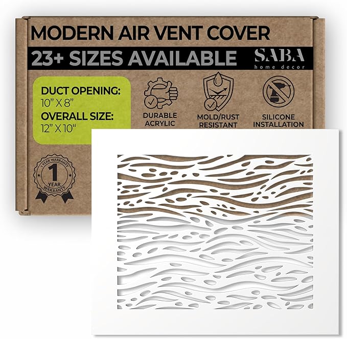 SABA Home Decor White Air Vent Cover - Acrylic Plexiglass 8 x 10 Duct Opening (10 x 12 Overall) Return Grille Decorative Covers for Walls & Ceilings NOT for Floor USE, Waves