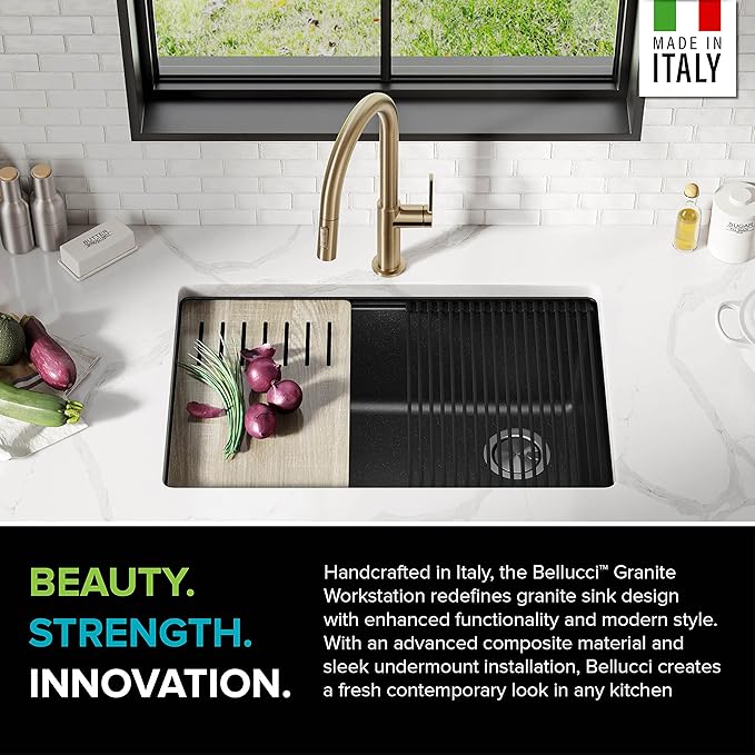 KRAUS Bellucci 30” in. Undermount Workstation Granite Kitchen Sink in Metallic Black with Accessories, KGUW2-30MBL