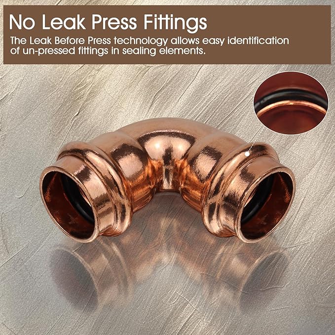 Copper Press Fittings,1/2 inch Copper Coupling 90 degree Elbow Coupling Zero Lead PxP 1/2 inch x 1/2 inch,12PK 90-Degree Elbow with 1/2-Inch for Plumbing,OD 5/8”,Use with Hydraulic Press Fitting Tool