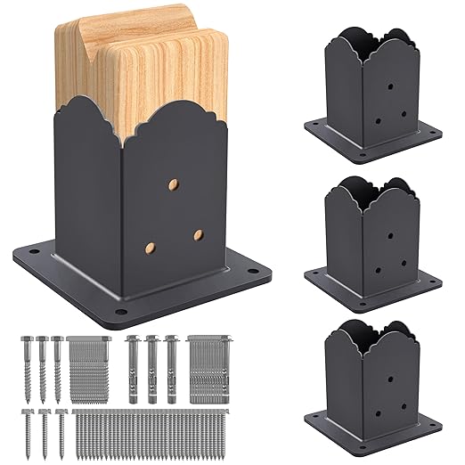 4x4 Post Base(４-Pack), Heavy-Duty Post Bracket (3.6 x 3.6 Inch Inner Size), Decorative Powder-Coated Wood Post Anchors for Pergolas, Fences, Decks, Come with Wood Screws and Concrete Anchors