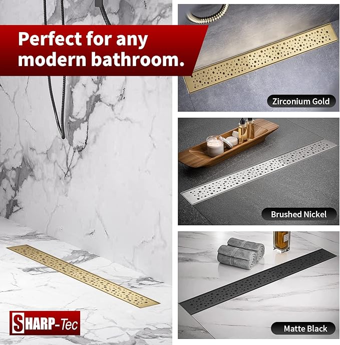 Sharp-tec 48 inch Linear Shower Drain, Golden Linear Drain with cUPC Certification, 304 Stainless Steel Shower Drain Easy to Install and Clean for Bathroom Shower Room, ST-099-48G