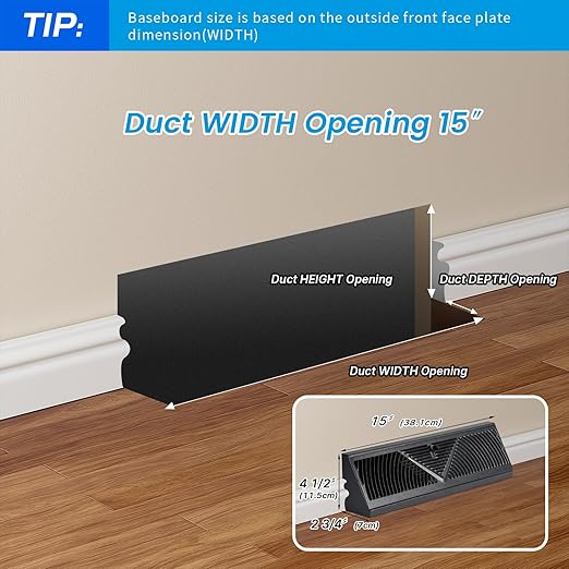 8 Pcs Baseboard Register Vent 15 Inch Duct Opening Size Baseboard Vent Covers Diffuser Adjustable Corner Return Air Grille for Home Floor Wall Air Flow Control (8, Black, 15 Inch)