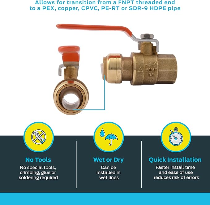 SharkBite 3/4 x 3/4 Inch Ball Valve with FNPT Connector, Push to Connect Brass Plumbing Fitting, PEX Pipe, Copper, CPVC, PE-RT, HDPE, 22186-0000LF