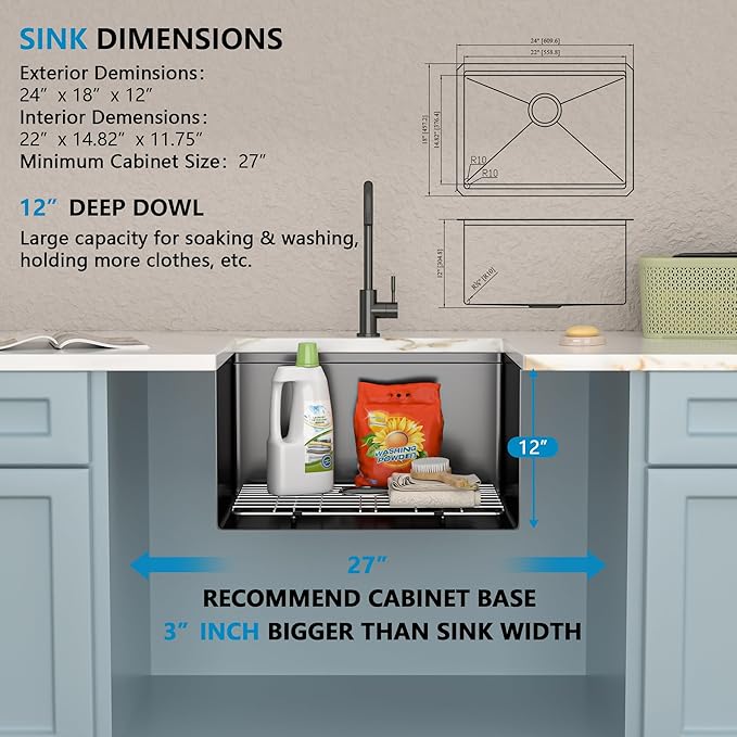 24"x18" Undermount Laundry Utility Sink Workstation – Gunmetal Black NANO-PVD, 16 Gauge 304 Stainless Steel, 12 Inch Deep Single Bowl Sink Basin for Laundry Room, RV or Utility Use