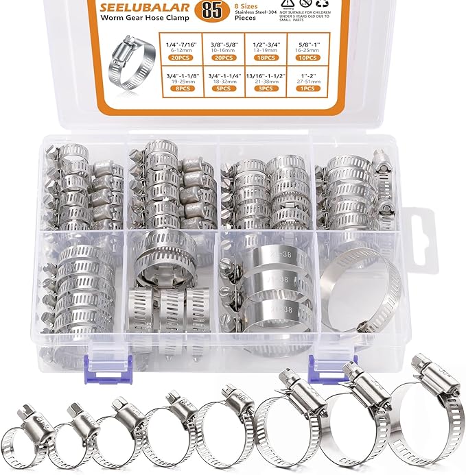 85PCS Hose Clamp Assortment Kit, Stainless Steel Worm Drive Clamps, Adjustable 1/4'' to 2'' (6-51mm) Worm Gear Hose Clamps for Plumbing, Automotive And Mechanical Applications