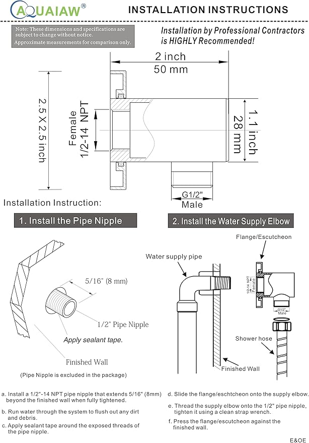 All Aquaiaw Wall Supply Elbows are Without Nipple. Aquaiaw Wall Supply Elbow with Flange, Tapered 1/2 NPT Female Inlet, Solid Brass Wall Union, Square Water Supply Elbow, Polished Chrome, G1/2 Outlet