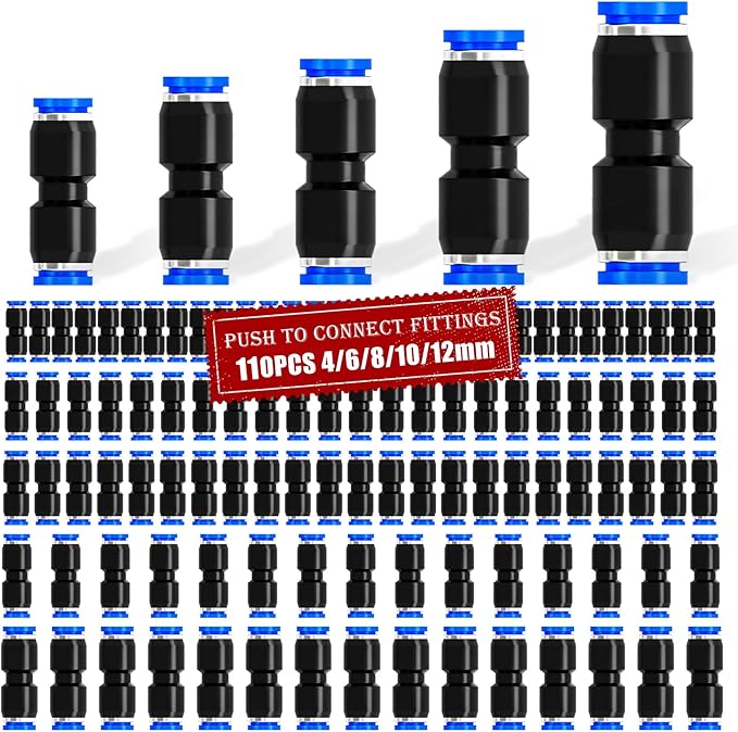 mxuteuk 110PCS Quick Connect Air Hose Fittings,4/6/8/10/12mm Straight Push to Connect Fittings,Air Line Fittings Push to Connect Fitting for Tube