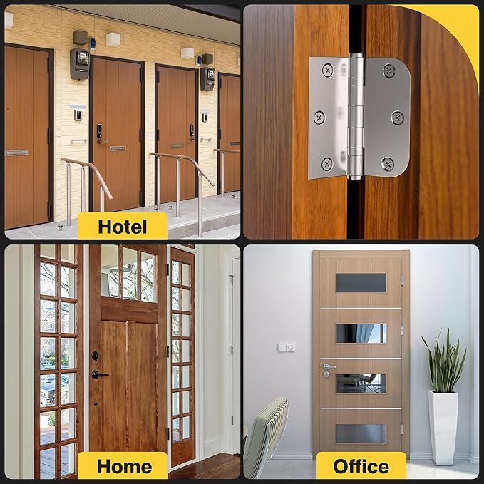 KOLET Ball Bearing Door Hinges, 3.5 x 3.5 Inches Stainless Steel Hinges, Square and 5/8'' Radius Corner, Heavy Duty Door Hinges, Smooth and Quiet, Non Removable Pin, Brushed Nickel, 3 Pack