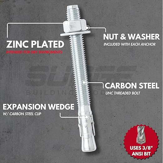 3/8" x 3-3/4" Zinc-Plated Wedge Anchors for Concrete and Cement | Heavy-Duty 3/8 Concrete Anchors (Box of 50)