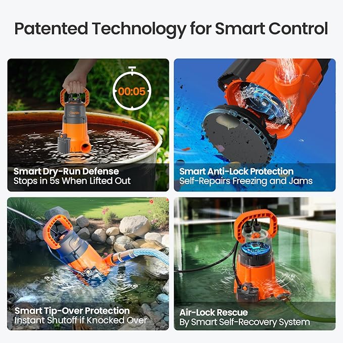 Cleartide Submersible Sump Pump, Smart Water Sensor Auto On/Off, Manual/Auto Mode, 1/4HP 2160GPH Multi-Use Utility Water Pump for Pool/Basement/Garden Drainage