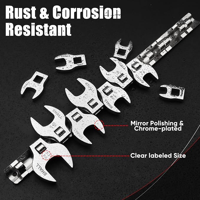 SHALL 3/8" Crows Foot Wrench Set, 11-Piece Metric Crowfoot Wrench Set with Clip-on Organizer, 10-22mm, Tools for Mechanics, Access Fasteners in Tight Spaces