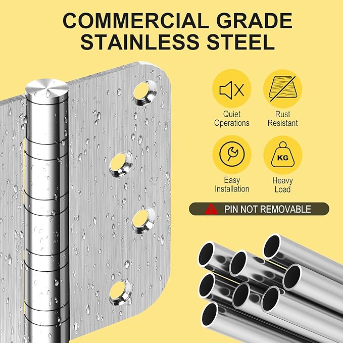 3 Pack 4" Heavy Duty Door Hinges with 5/8'' Radius Corner, 4in x 4in Stainless Steel Door Hinges for Exterior & Interior Doors, Smooth and Quiet (Silver)
