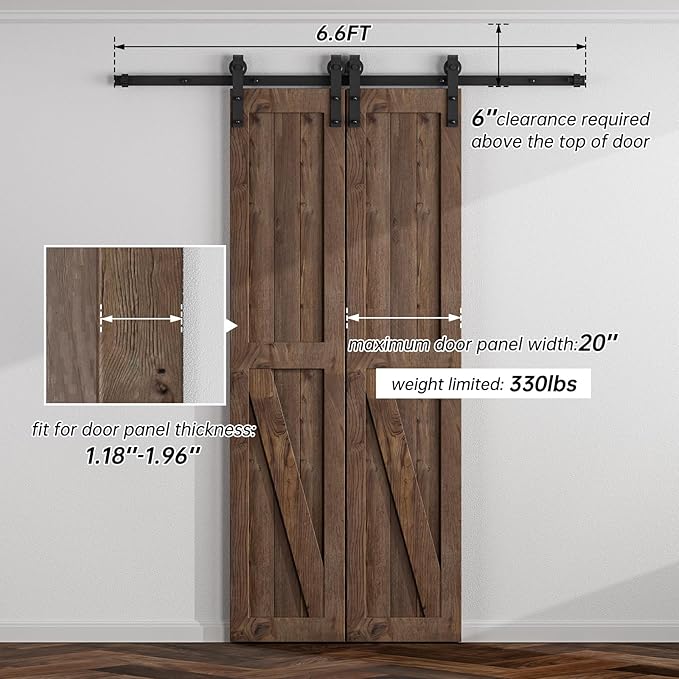 6.6FT Sliding Barn Door Hardware Kit for Double Door, Sliding Door Track, Easy to Install, Smoothly and Quietly, Fit 1.18-1.96" Thicknesses Fit Double 20" Wide Door (J Shape Hanger)