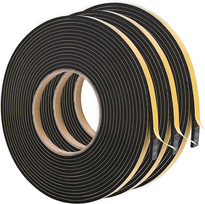 ToLanbbt Black Door Window Weather Stripping Self Adhesive Foam Tape High Density Foam Sealing Strip Window Insulation Weatherproof Gasket Tape 1/4" Wide X 1/8" Thick, 19.7 Ft X 3 Rolls, Total 59 Feet