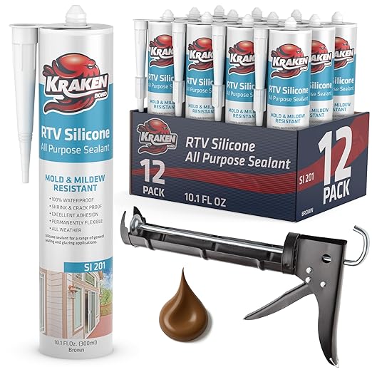 Kraken Bond Brown Silicone Sealant Waterproof% 100-10 fl oz Cartridge - RTV Silicone Caulk Kitchen and Bathroom, All Purpose, Window Caulking Sealant Outdoor Exterior Use Silicon, Gun Incl - 12 Pack