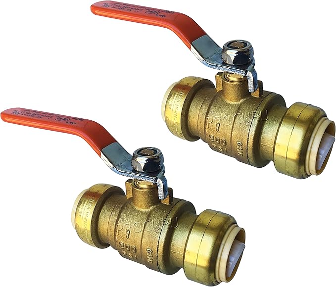 PROCURU 2-Pack 1-Inch PushFit Forged Brass Ball Valve, Push-to-Connect Full Port, Heavy Duty Valve for Copper, PEX, CPVC, Certified Safe (8X8316-2P)