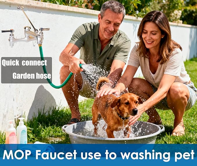 WHK Commercial Mop Sink Faucet with Vacuum Breaker Wall Mount Faucet 8" Adjustable Center,Pail Hook use for Hot Cold Water Utility Indoor/Outdoor,Garden(Brass,Rough Chrome)