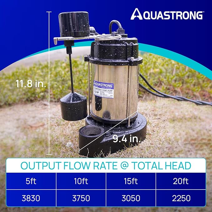 AQUASTRONG 1/2 HP Sump Pump Submersible, 3830 GPH Stainless Steel and Cast Iron Basement Water Pump, Automatic Integrated Vertical Float Switch with Piggy-back Plug,1-1/2" NPT Discharge Subpumps