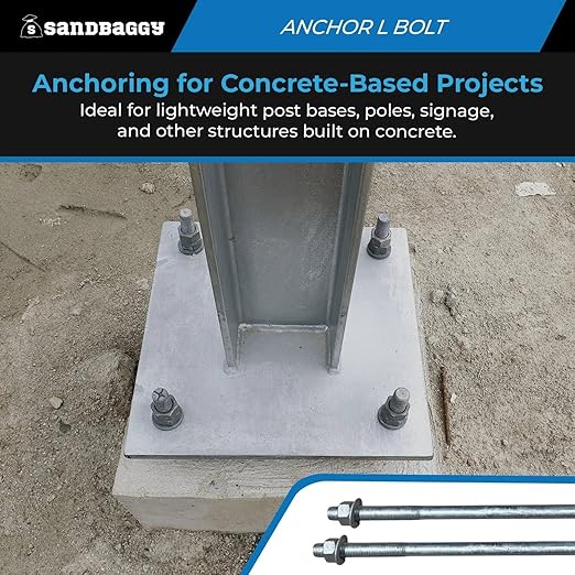 Sandbaggy 1/2" X 10" Threaded Concrete Anchor L-Bolts (Nuts & Washers Included) - Hot Dipped Galvanized - Sill Plate, Base Plate, Masonry, Wood, Cement Anchors, J Bolt (50, 1/2" x 10")