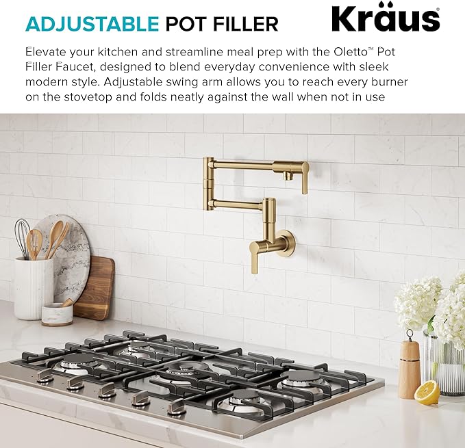 KRAUS Oletto Pot Filler Faucet with Retractable Arm, Wall Mount Kitchen Faucet, Pot Filler for Stove in Spot-Free Brushed Brass, KPF-5001SFBB