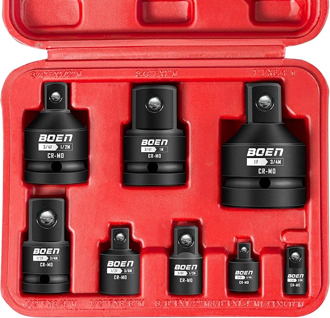 BOEN 8 Piece Impact Socket Adapter and Reducer Set, 1/4" 3/8" 1/2" 3/4" Drive Socket Adapter Set with Durable Case for Impact Driver Conversions (Upgraded)
