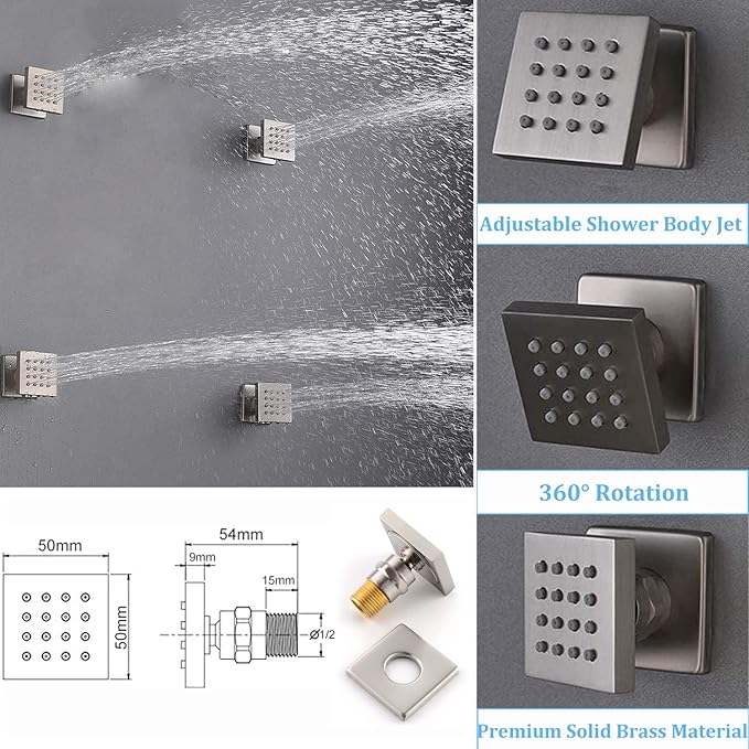 Temperature Display Rain Mixer Shower Faucet Set with 6 Body Jets 12 inch Square Rainfall Shower Head with Handheld Spray Wall Mounted Rough-in Valve and Trim Included,Brushed Nickel