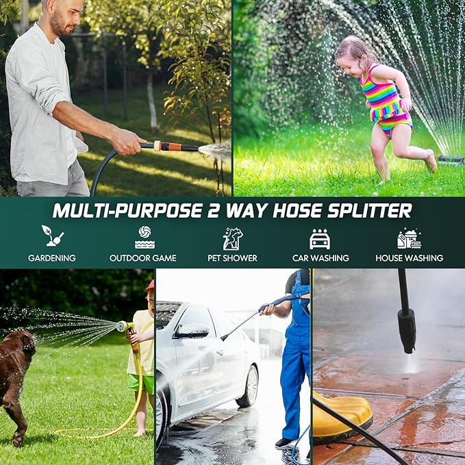 2 Way Garden Hose Splitter with Shut Off Valve,Water Spigot Splitter for 3/4" Hose Connector,Heavy Duty Metal Outdoor Faucet Splitter Y Connector for Hose,with 3 Leakproof Washers & 1 tape(2, Green)