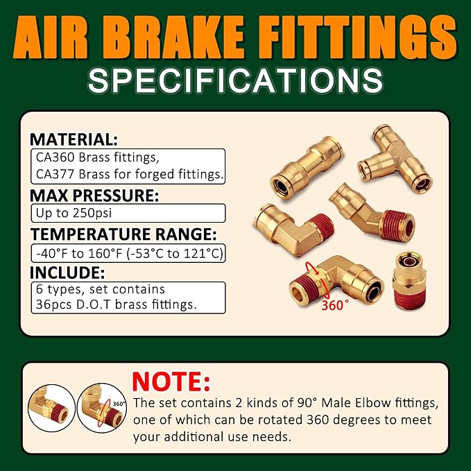 37Pcs Brass DOT Air Brake Line Fittings Assortment Kit 1/4" 3/8" 1/2" Push to Connect Fittings Air System Repair Kit for Truck, Air Brake Union 45 Degree & 90 Degree Male Elbow
