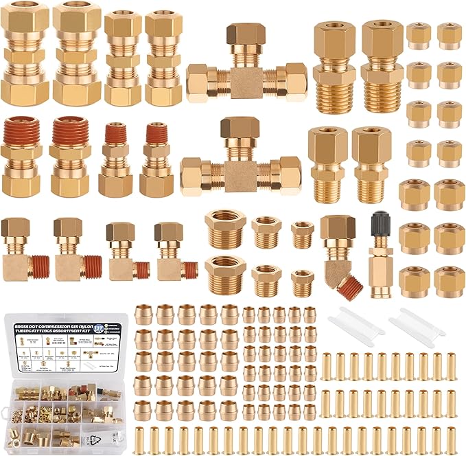 137Pcs Brass DOT Air Brake Line Fittings Assortment Kit,1/4" 1/8" 3/8" 1/2" Compression Air Nylon Tubing Fitting Assortment Repair Kits for Truck or Industrial Air System