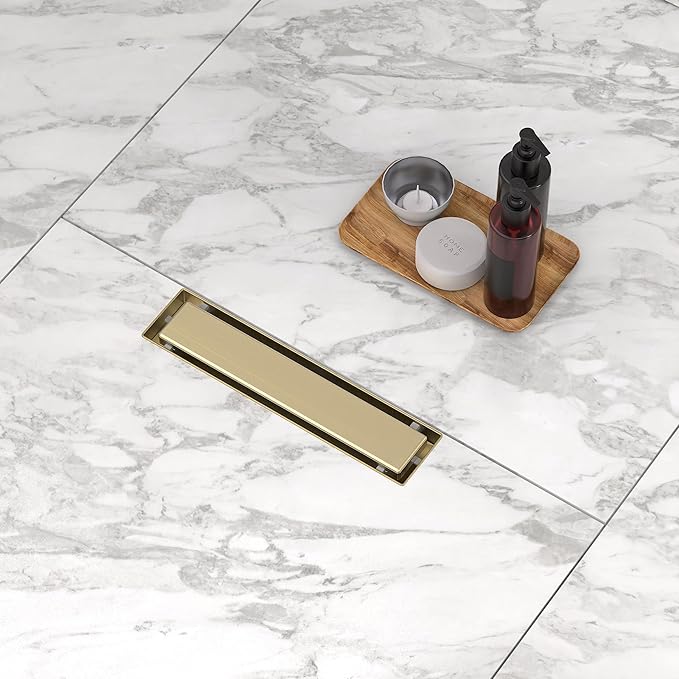 Linear Shower Drain. 12 Inch Shower Trench Drain with 2-in-1 Flat Cover & Inser Cover,304 Stainless Rectangle Steel Shower Floor Drain with Hair Strainer and Leveling Feet (Gold, 12 in)