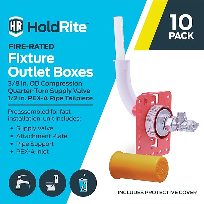 Holdrite Fixture Outlet Box with 3/8 Inch Compression Outlet, Pre-Assembled, Pack of 10, Fire Rated, 1/2 Inch PEX Tailpiece, HR-FR-P-1