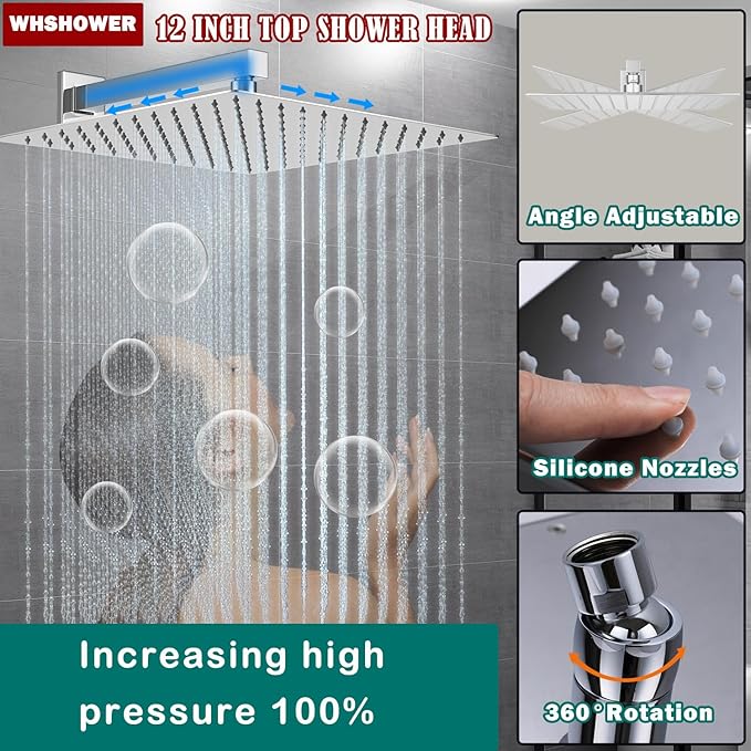 Temperature Display Rain Mixer Shower Faucet Set with 6 pcs Body Jets 12 inch Square Rainfall Shower Head with Handheld Spray Wall Mounted Rough-in Valve and Trim Included,Chrome