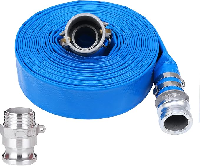 2" x 50ft PVC Lay Flat Discharge Hose With Aluminum Camlock C & E Fittings, Cam Lock Fitting Type F included, Heavy Duty Reinforced Pump Backwash Hose Assembly