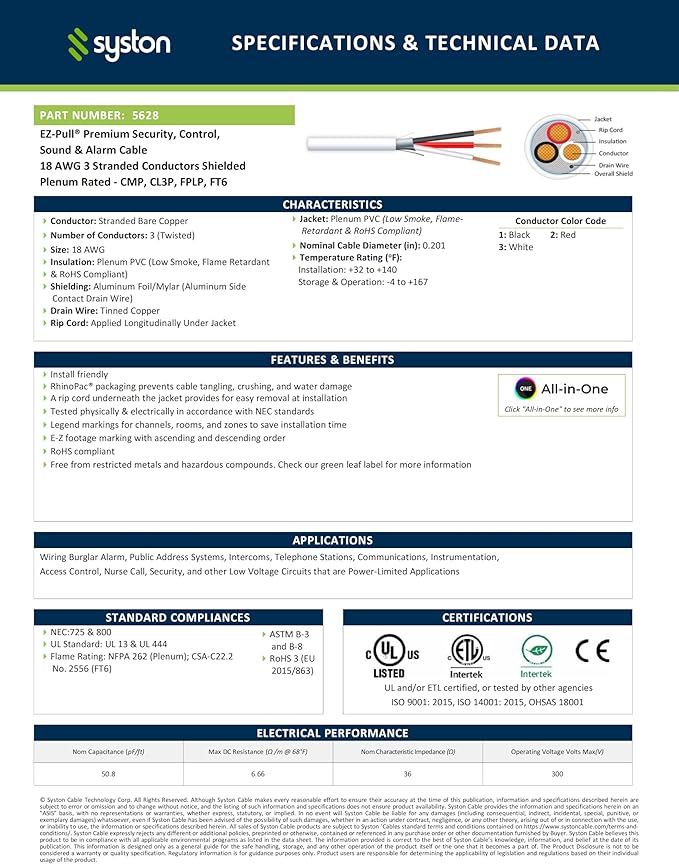 Syston Cable Technology 18/3 Low Voltage Security Sound Alarm Cable 100 ft 18 AWG 3 Conductors Stranded Copper Shielded Plenum Rated CMP CL3P FPLP FT6 UV Resistant
