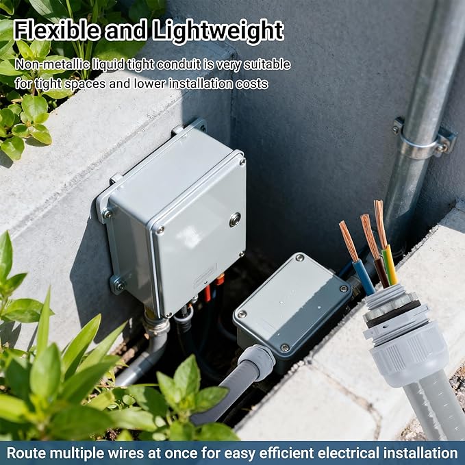 3/4 Inch 100FT Liquid Tight Conduit Kit, Flexible Non Metallic Electrical Conduit, with 5 Straight and 5 Angle Fittings, Suitable for Outdoor Lighting