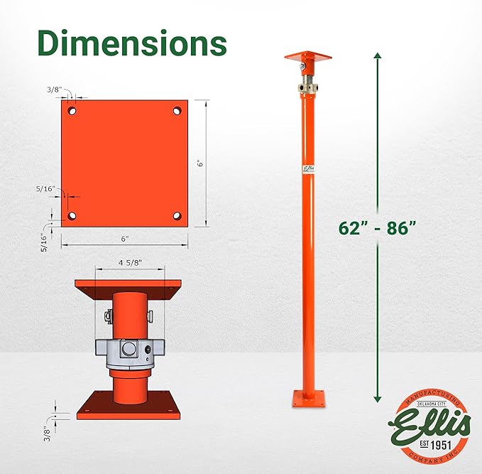 Ellis Manufacturing Light-Duty Steel Lifting Shore – Adjustable Basement Jack for Floor Leveling, Structural Support, Concrete, and Beams – 8,000 lb Safe Load Capacity – 62"-86" Adjustment