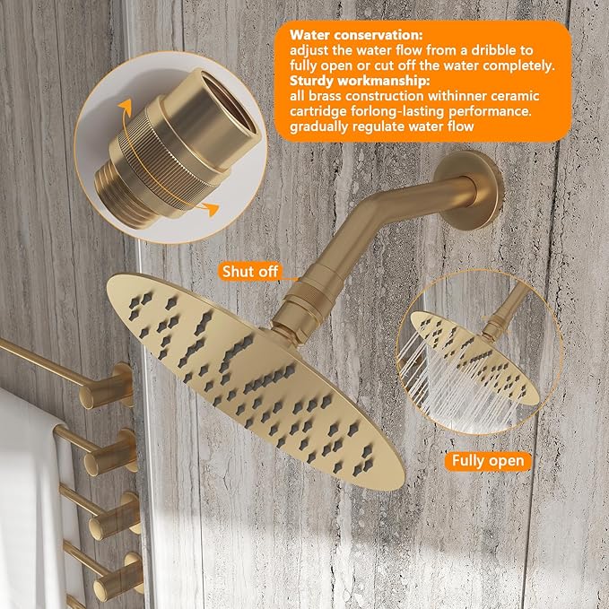 Shower Head Shut Off Valve, Shower Flow Control Valve Brass Shut Off Valve for Handheld, Dual Shower Faucet, RV Hose Flow Restrictor, Brushed Gold