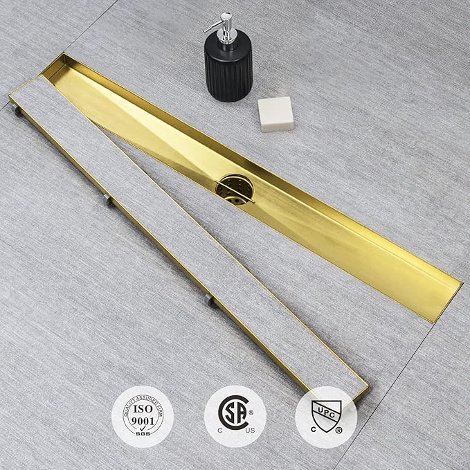 SaniteModar Linear Shower Drain, Gold Shower Drain 18 inch with Invisible 2 in 1 Tile Insert Panel, 304 Stainless Steel Brushed Gold Shower Drain with Hair Strainer and Leveling Feet