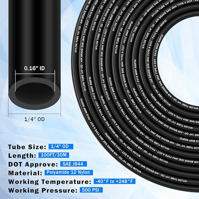 100FT 1/4" DOT Air Line with 40 Pcs Quick Connect Air Fittings Kit 1/4 DOT Air Lines with Push Lock Air Line Fittings Pneumatic Push to Connect Air Hose Fittings