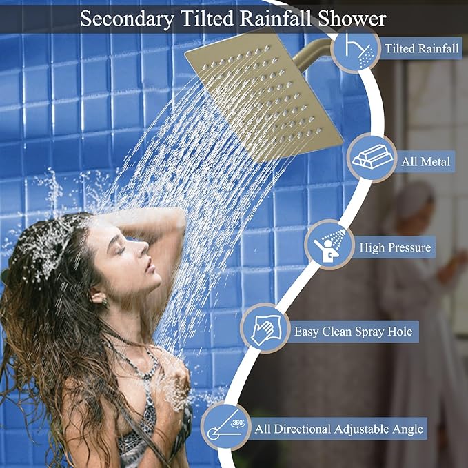 Shower Faucet Set Brushed Gold Shower System, Knob Switch Diverter Shower Faucet with High Pressure Handheld Spray, Wall Mount 10 Inch Shower Head with 6 Inch Wall Mount Shower Head