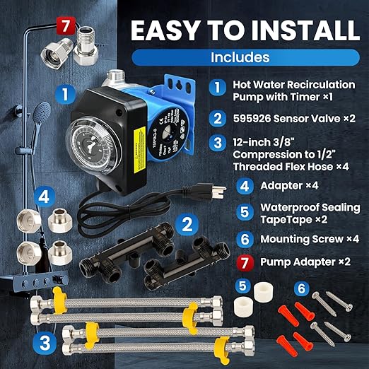 Instant Hot Water Recirculating Pump Replacement Kit for Tank Water Heater, House Circulation Pump w/Programmable Timer, 2 Brass Sensor Valves (595926), 4 Lines & Adapters, Replaces 0955805 & 595916