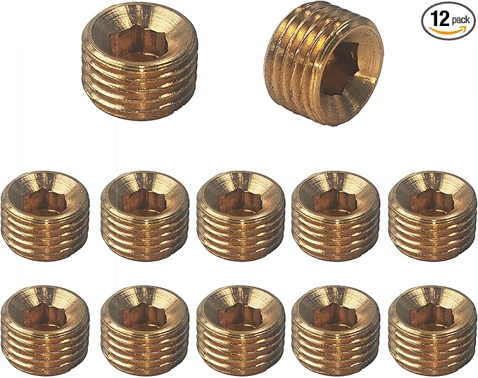 12PCS 1/4" NPT Male Plug Fitting Set, Brass Hex Counter Sunk Plugs, Internal Hex Socket Thread Pipe Plug for Closing the End of Pipe