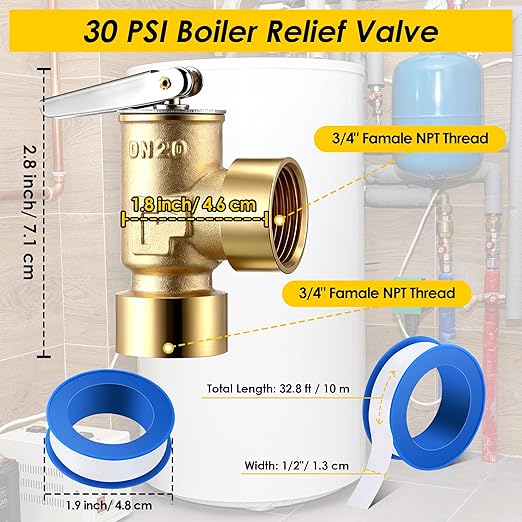 30 PSI Pressure Relief Valve, Boiler Relief Valve with 3/4" Female NPT x 3/4" Female NPT, PTFE Thread Seal Tape, Brass, for Hot Water and Cold Water Systems