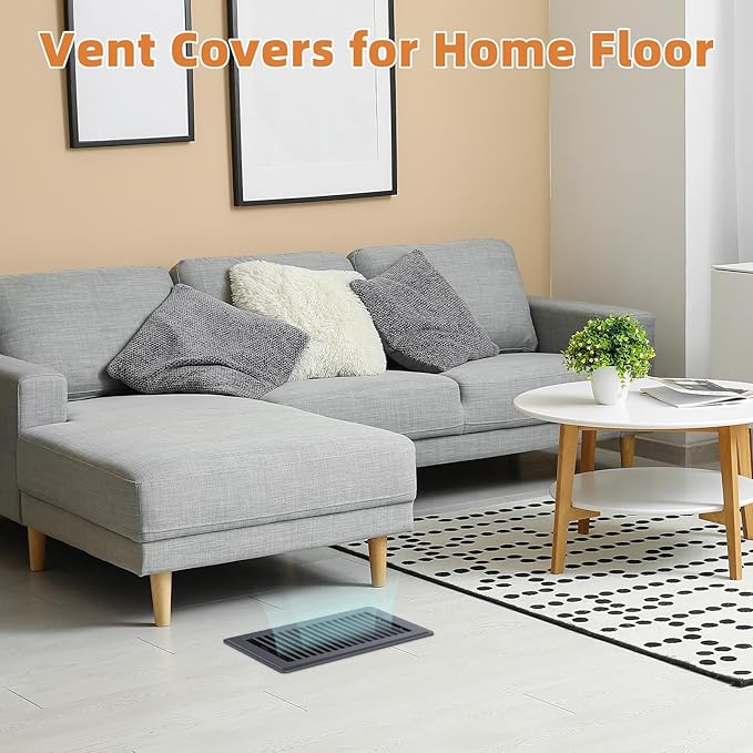 6 x 10 Floor Register, Heavy - Duty Steel Adjustable Airflow Floor Vents, Rust - Resistant with Silent Operation Vent Covers for Home Floor - 4 Pack Dark Gray
